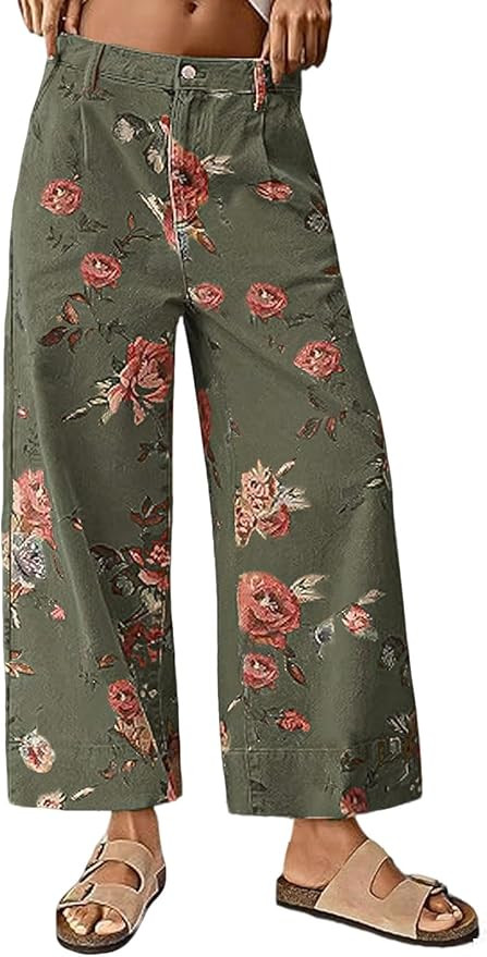 loveimgs Women Mid Rise Cropped Wide Leg Jeans Baggy Floral Ankle Pants Denim Capris Flare Print ... | Amazon (US)