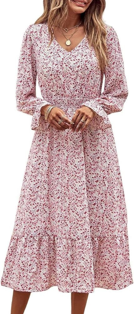 PRETTYGARDEN Women's Long Sleeve Ruffled V Neck Dress      
 Polyester | Amazon (US)