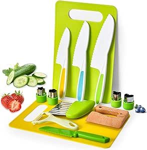 Montessori Kids Knives for Real Cooking, 13 Pieces Wooden Kids Kitchen Knife Set Include 4 Serrat... | Amazon (US)
