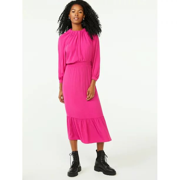 Scoop Women's Long Sleeve Blouson Midi Dress W/Back Bow - Walmart.com | Walmart (US)