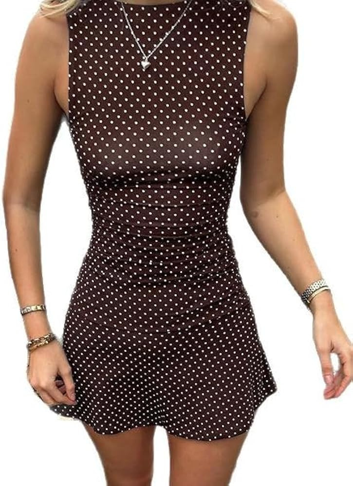 Polka Dot Mini Dress for Women Sleeveless Round Neck Bodycon Flared Hem Casual Summer Outfit 2025 | Amazon (US)