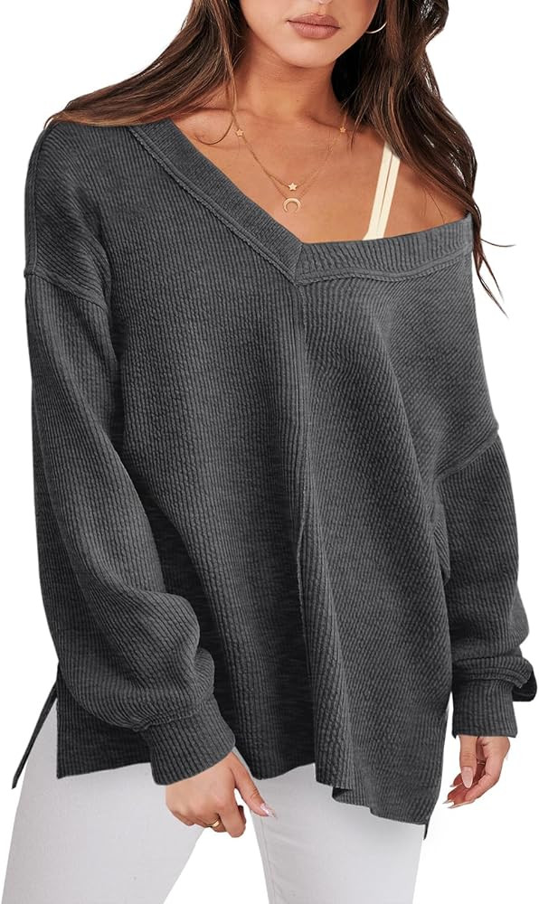ANRABESS Women Long Sleeve Shirt V Neck Off Shoulder Oversized Knit Pullover Sweatshirt Loose Hig... | Amazon (US)