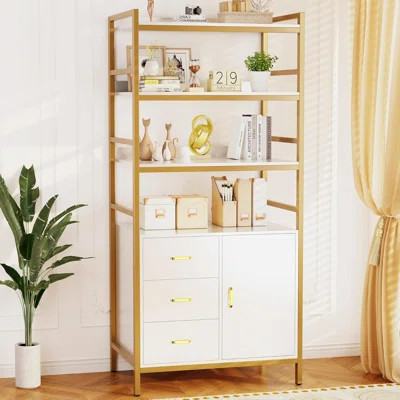 71" Tall Bookshelf with Drawers, Gold Bookcase with Doors,Modern Display Rack for Living Room, Kitchen, Home Office | Wayfair North America