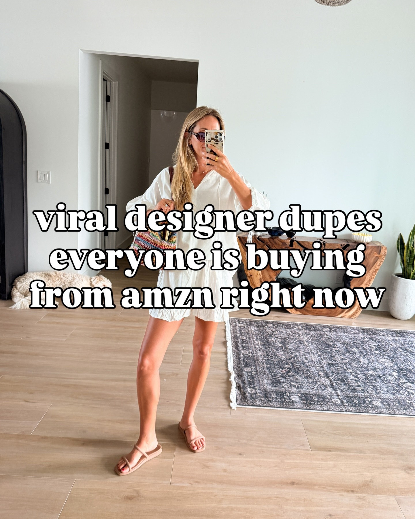comment SHOP and I’ll send links! Designer dupe finds that everyone is loving right now. Ruti pants, aritzia lodge pants, coach kiss lock clutch, free people tank, Tkees sandals but all from amzn