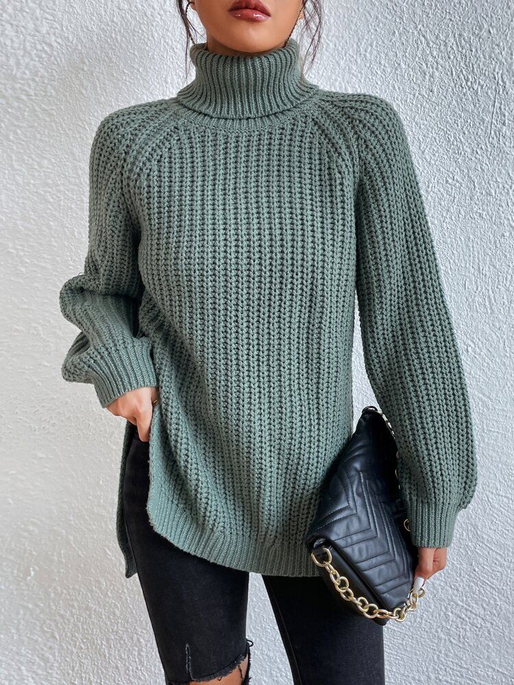 Turtleneck Raglan Sleeve Split Hem Sweater | SHEIN