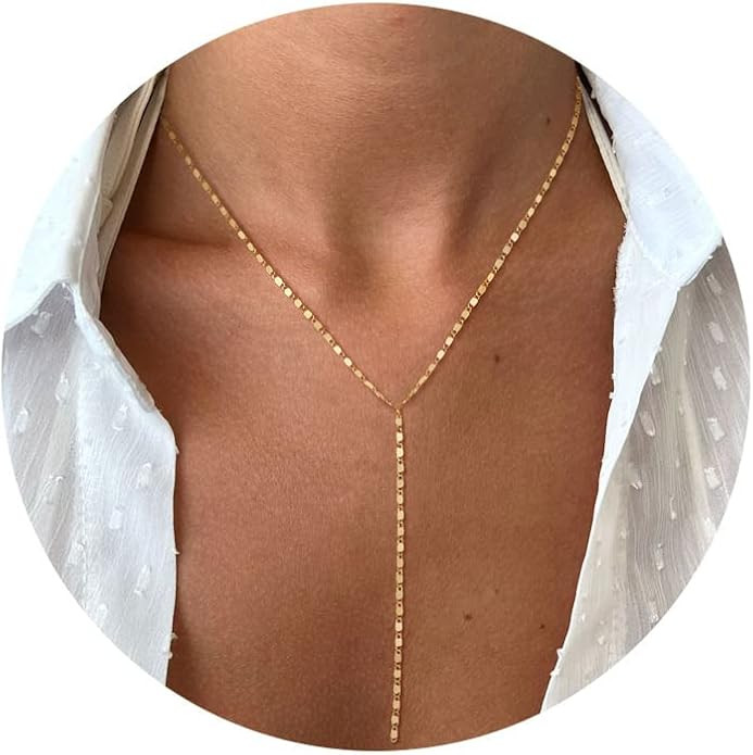 Foxgirl Lariat Gold Necklace for Women, Dainty Long Necklace 14k Gold Plated/Silver Y-Shaped Pend... | Amazon (US)