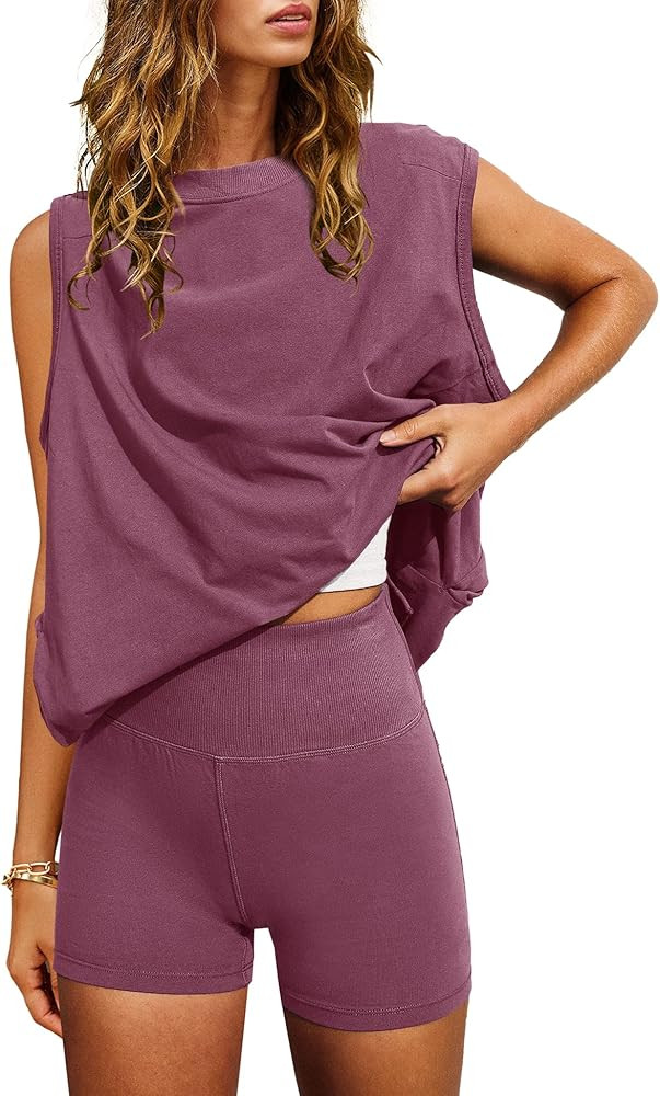 Nirovien Women 2 Piece Outfits Workout Sets Summer Matching Lounge Set Tunic Tops and Biker Short... | Amazon (US)