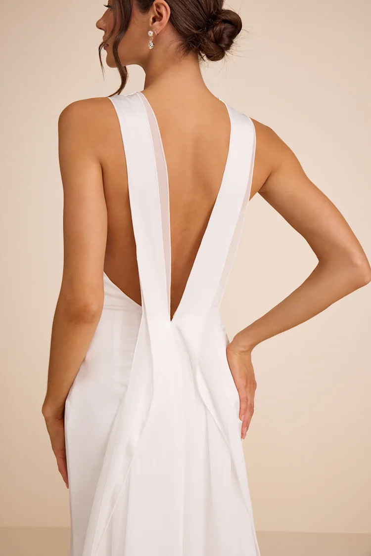 Perilla White Satin Mock Neck Column Maxi Dress | Lulus