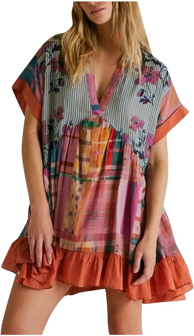 Boho Summer Dress Casual Patchwork Floral Deep V Neck Ruffle Oversized Babydoll Sundress Y2k Hot ... | Amazon (US)
