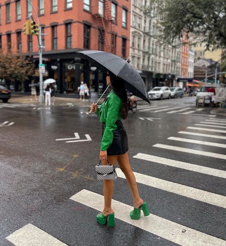 Fall edgy street style with leather and pops of green. Wearing size small in graphic crop, size 6 in green leather jacket, and size up a half size in heels! 

#LTKstyletip #LTKshoecrush #LTKSeasonal