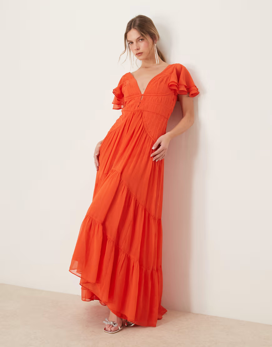 ASOS DESIGN flutter sleeve ruched maxi dress with hi low hem in spicy red | ASOS (Global)