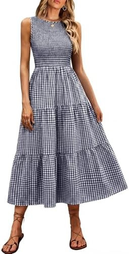 ANRABESS Women's Summer Casual Maxi Dress Sleeveless Crewneck Smocked 2026 Flowy Plaid Tiered Boh... | Amazon (US)