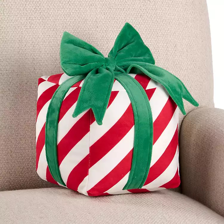 Red and White Stripe Gift Box Shaped Pillow | Kirklands