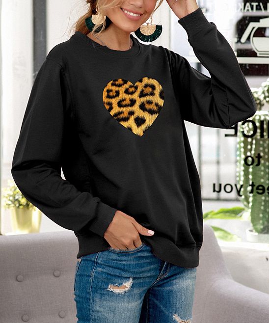 Coeur de Vague Women's Pullover Sweaters Black - Black & Brown Leopard Heart Sweater - Women | Zulily