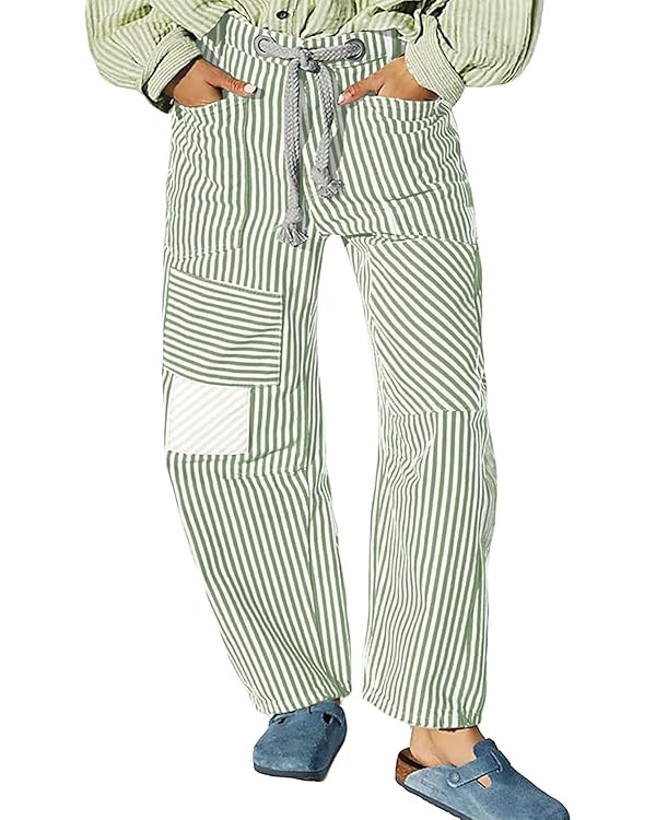 Pivanzore Baggy Barrel Jeans for Women Y2k Striped Drawstring High Waist Straight Wide Leg Boyfri... | Amazon (US)