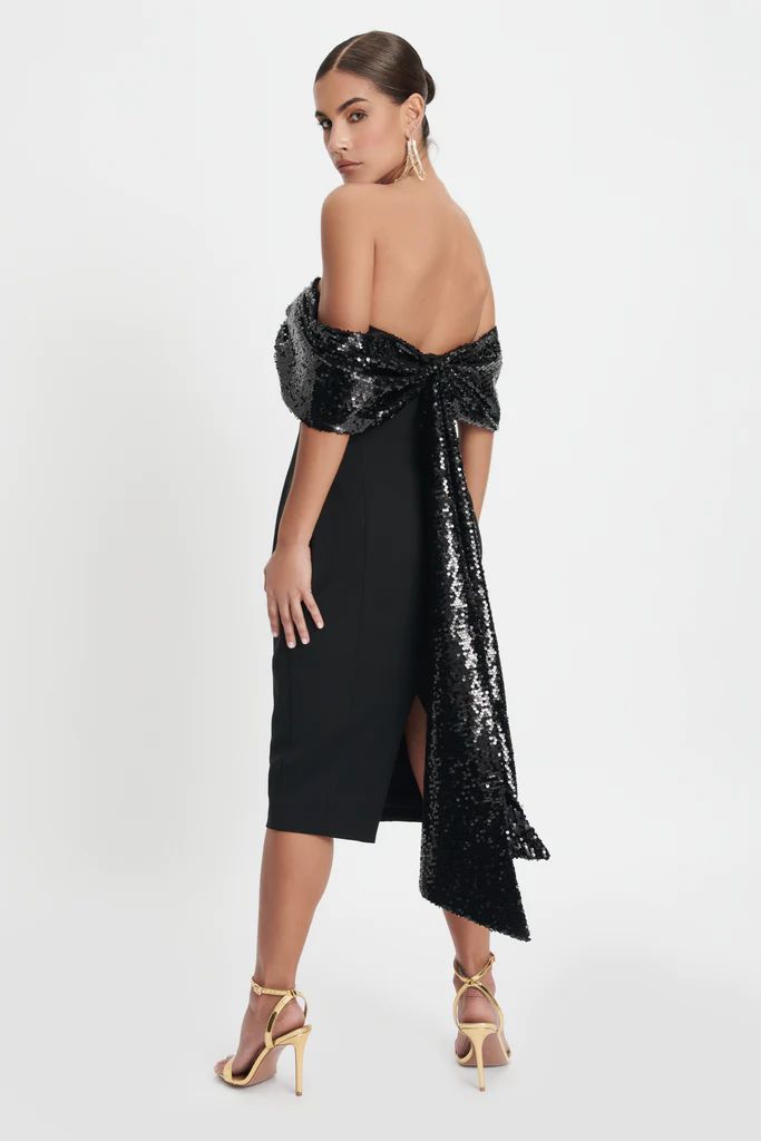 THALIA Statement Sequin Bow Midi Dress In Black | Lavish Alice