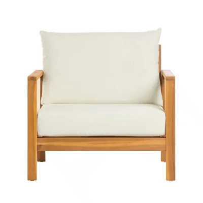 Outdoor Club Chair, Acacia Wood Frame with Brown Textilene Accents, Water-Repellent Beige Cushions for Patio/Backyard/Deck | Wayfair North America