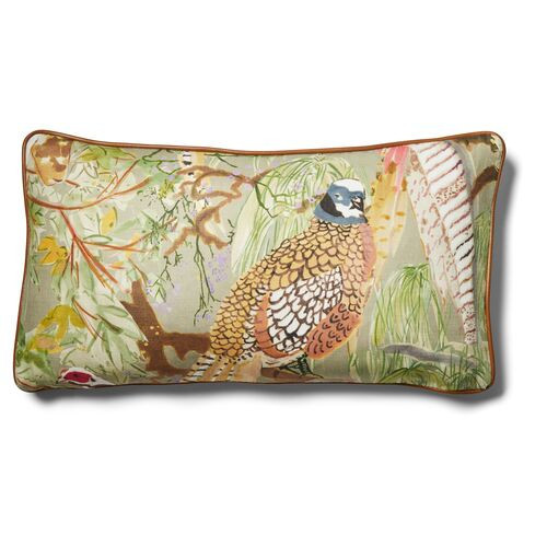 Henley 12x23 Lumbar Pillow - Pheasant/Stone Linen | Cushion, Bolster - Green, Insert Included | One Kings Lane