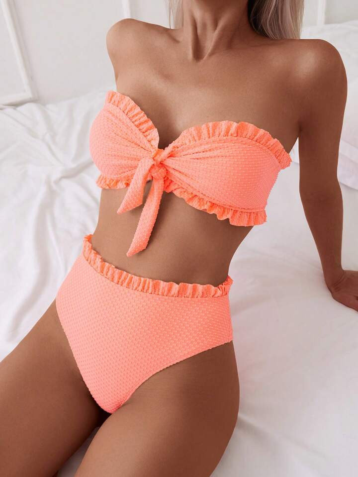 Women's Solid Color Ruffle Bandeau Sexy Bikini Set For Summer Beach | SHEIN USA | SHEIN