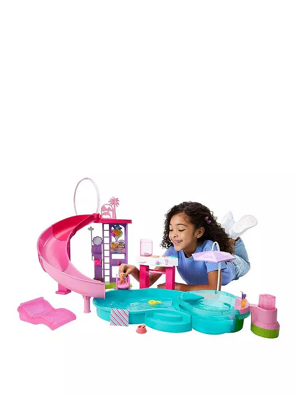 Barbie Dream Pool Playset with Slide & Bubbling Hot Tub, 20+ Accessories Including Pet, Floaties ... | Very (UK)