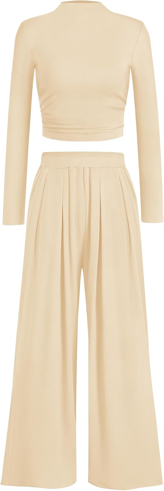 ZESICA Women's 2 Piece Outfits Set 2024 Casual Long Sleeve Ruched Fitted Crop Top Wide Leg Pants ... | Amazon (US)