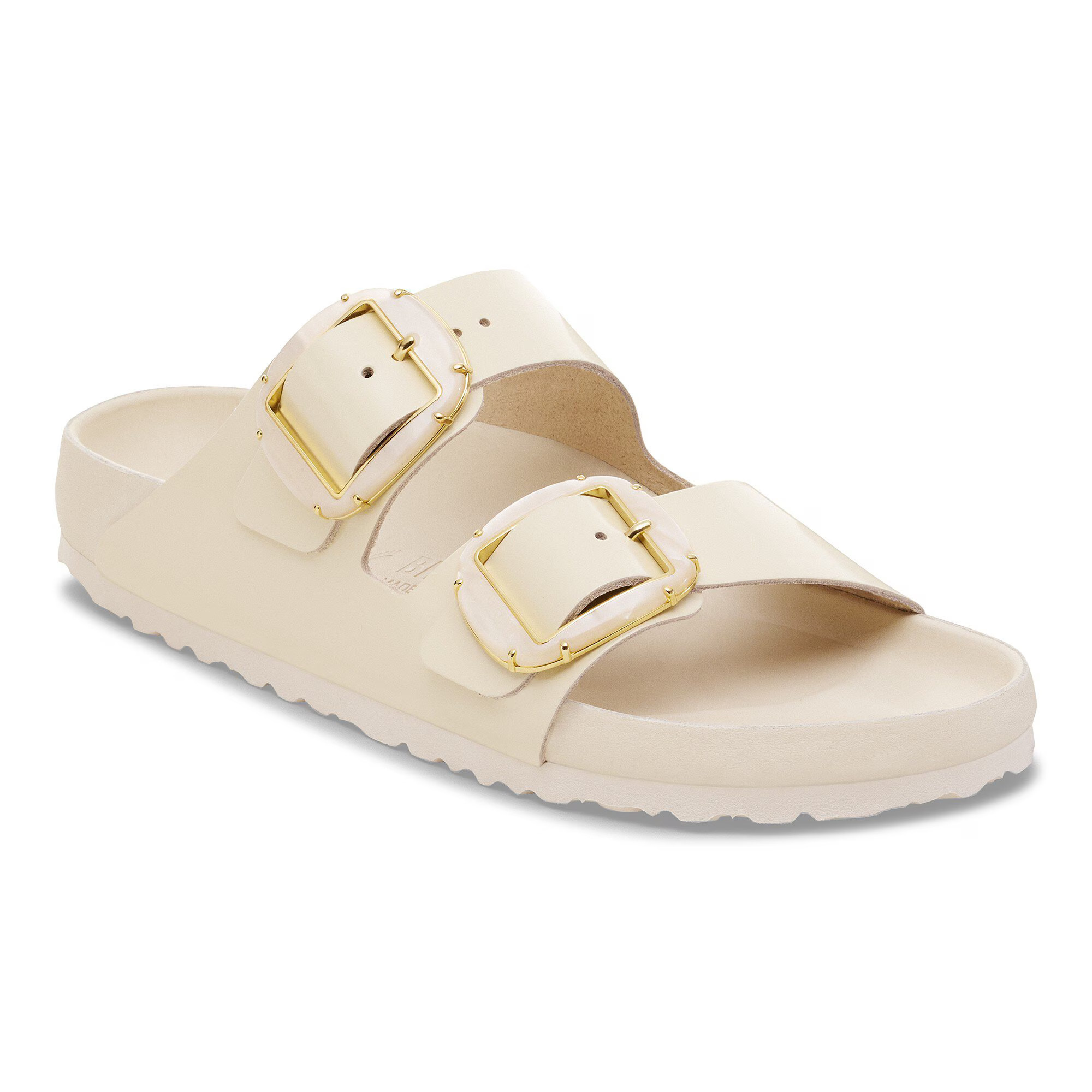 Arizona Big Buckle Pearl Natural Leather Patent High Shine Ecru Two-Strap Sandals | Birkenstock USA