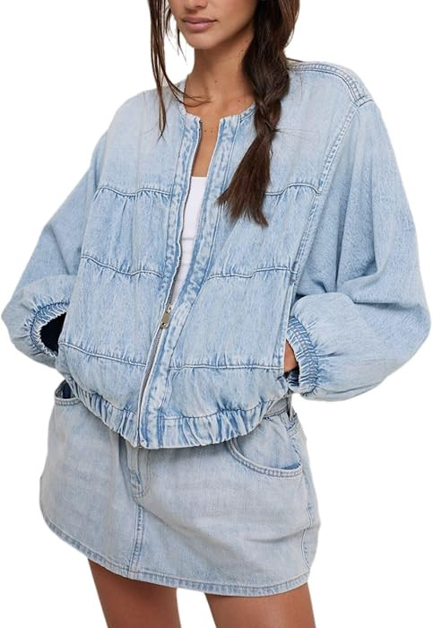 Women's Trendy Zip Up Denim Jean Jacket Coat Loose Fit Long Sleeves Washed Cotton Cropped Ruched ... | Amazon (US)