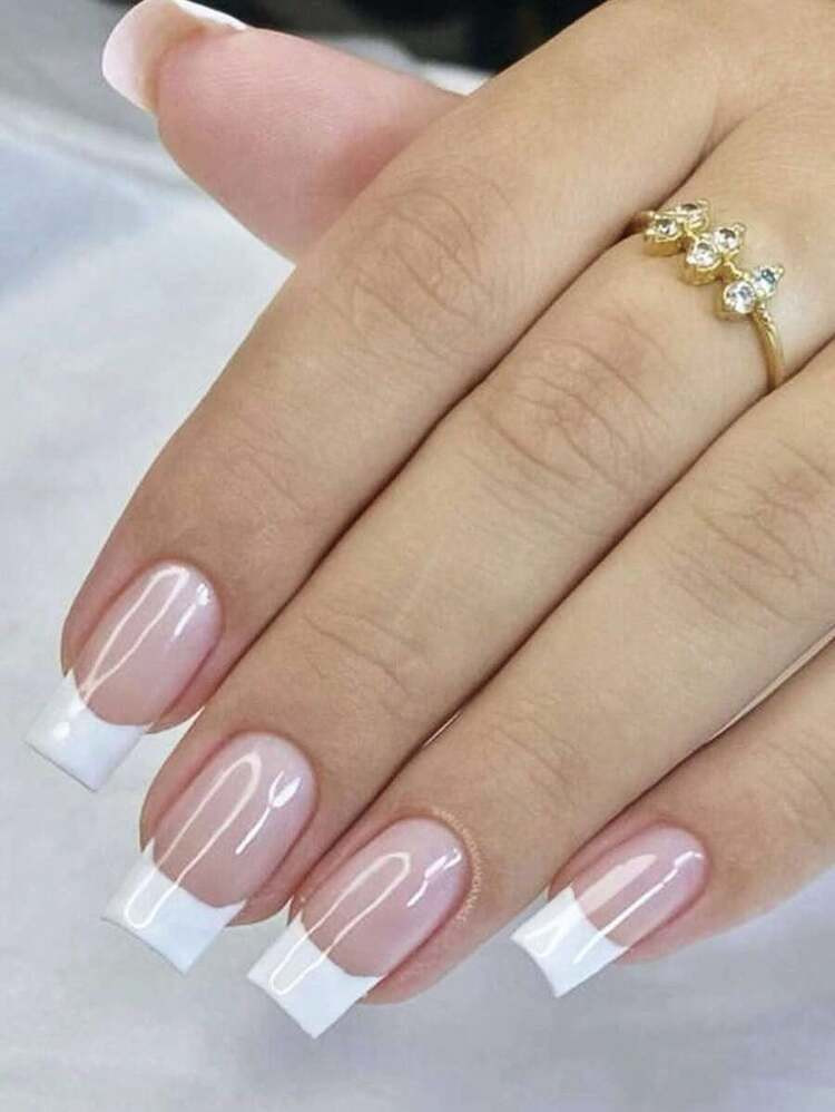 24pcs Long Square French Tip False Nails With 1pc Jelly Gel And 1pc Nail File Press On Nails Nail... | SHEIN