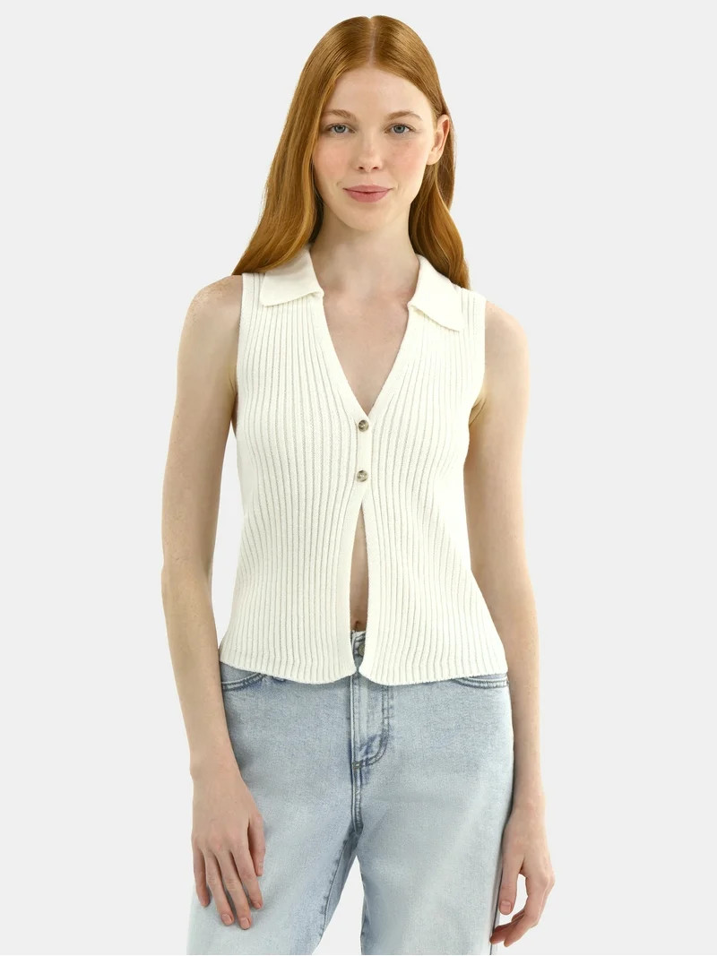 No Boundaries Button-Front Sweater Vest Top, Women's | Walmart (US)