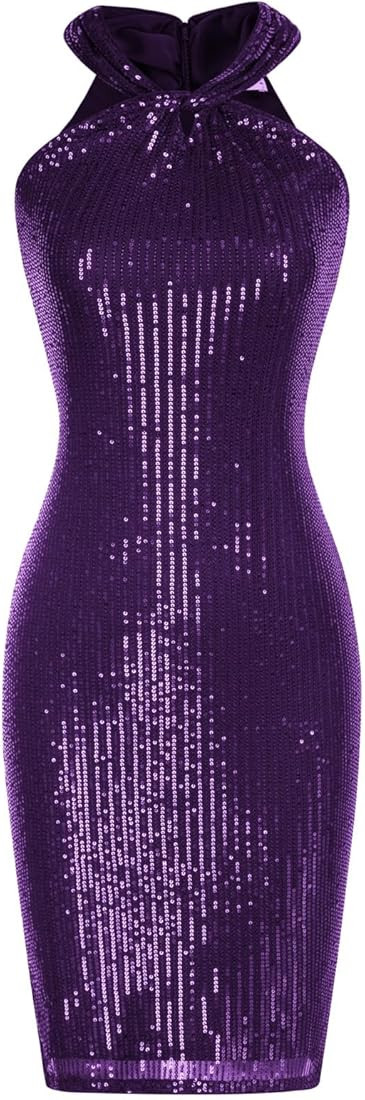 GRACE KARIN Women Sleeveless Sequin Dress Sparkly Glitter Halter Dress Bodycon Mini Club Dresses | Amazon (US)
