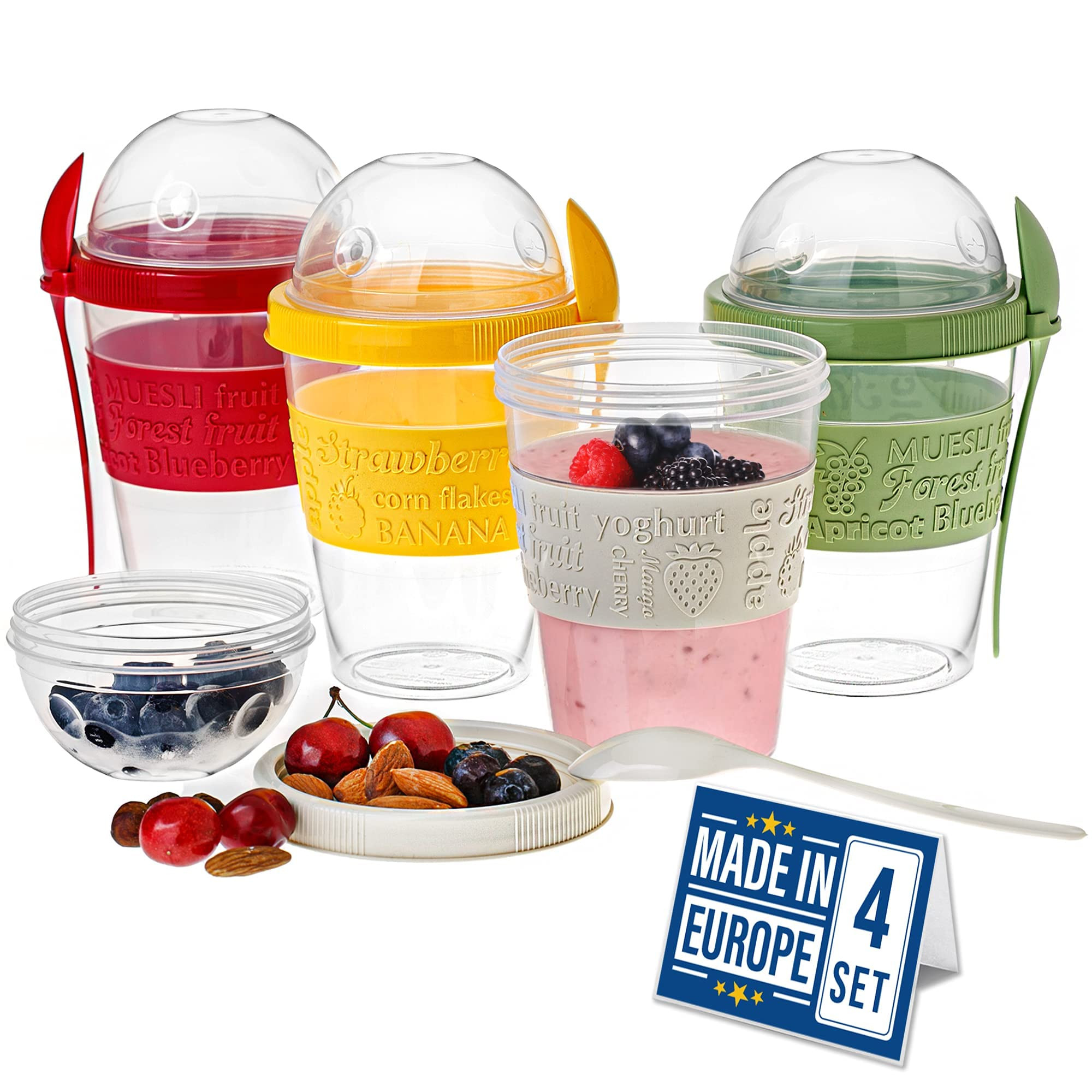 Crystalia Yogurt Parfait Cups with Lids, BPA FREE Reusable Yogurt Containers with Lids and Spoons, Take and Go Yogurt Cup with Topping Cereal or Oatmeal Container, Colorful Set of 4 (Large 20 oz) | Amazon (US)