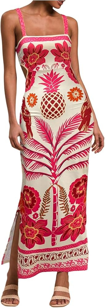 Floerns Women's Tropical Bow Tie Back Long Dress Sleeveless Split Vacation Maxi Dress | Amazon (US)