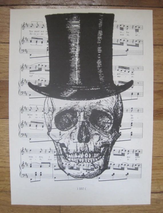 Spooky Skull With Top Hat on Vintage Sheet Music - Etsy | Etsy (US)