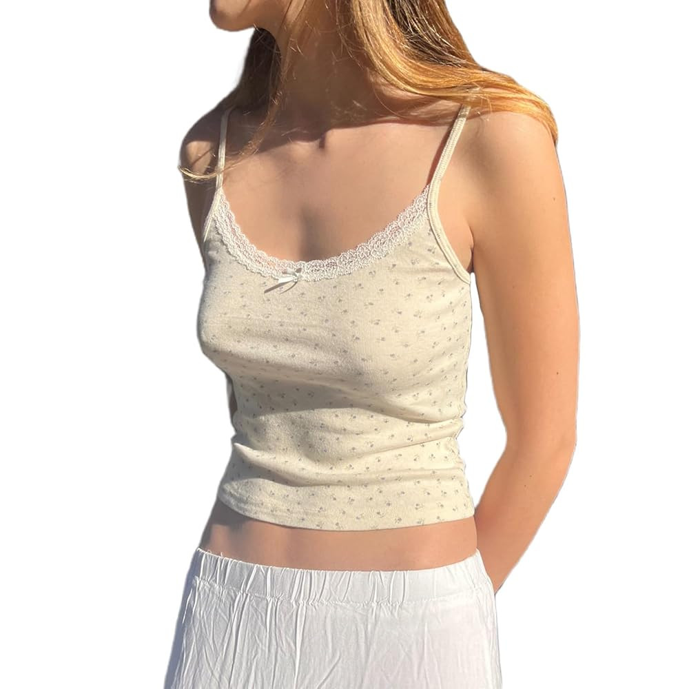 Women Y2k Floral Cami Crop Tops Cute Lace Trim Spaghetti Strap Sleeveless Tank Top Aesthetic Coqu... | Amazon (US)