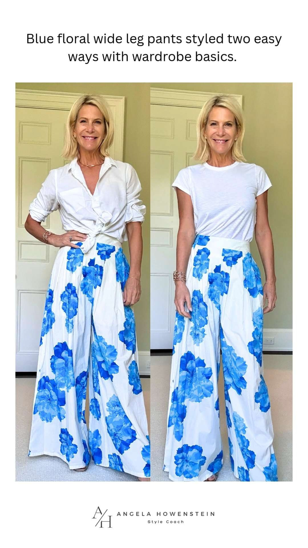 Blue floral wide leg pants styled two easy ways with wardrobe basics.

Pair them with a white tee for a relaxed summer outfit or a white button-down for a more polished casual chic look. 

 #LTKootd #LTKSeasonal #LTKOver40