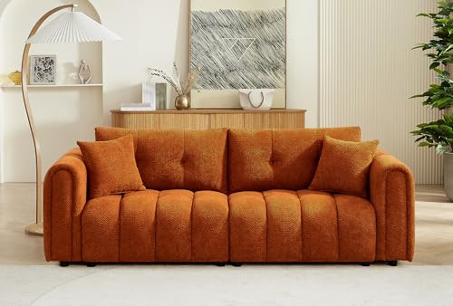 91.5" Modern Boucle Sofa with Deep Seat, 3 Seater Comfy Sherpa Cloud Couch, Oversized Loveseat Mid-Century Modern Tufted Couches for Living Room Apartment Lounge, Orange | Amazon (US)