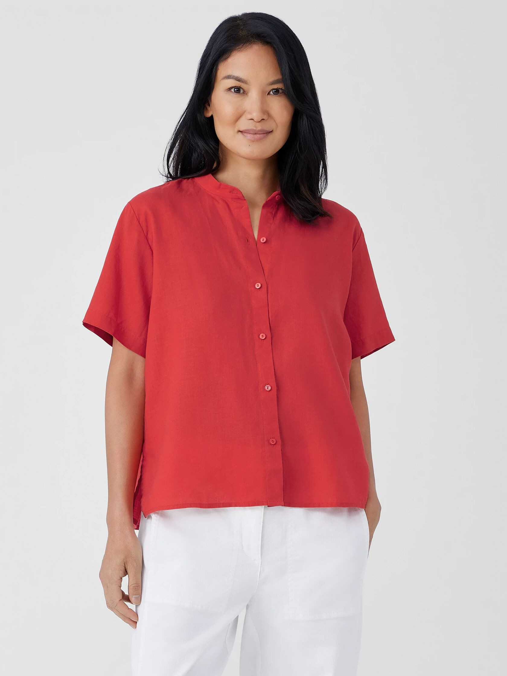 Organic Handkerchief Linen Band Collar Short-Sleeve Shirt | Eileen Fisher