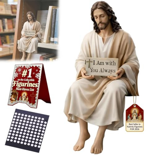 Jesus Resin Desk Companion Figurine, Car Dashboard Home Office Table Decor Jesus Christ Statue with "I Am with You Always" Sign, Handmade Sitting Religious Decorative, Unique Spiritual Gift (1PC) | Amazon (US)