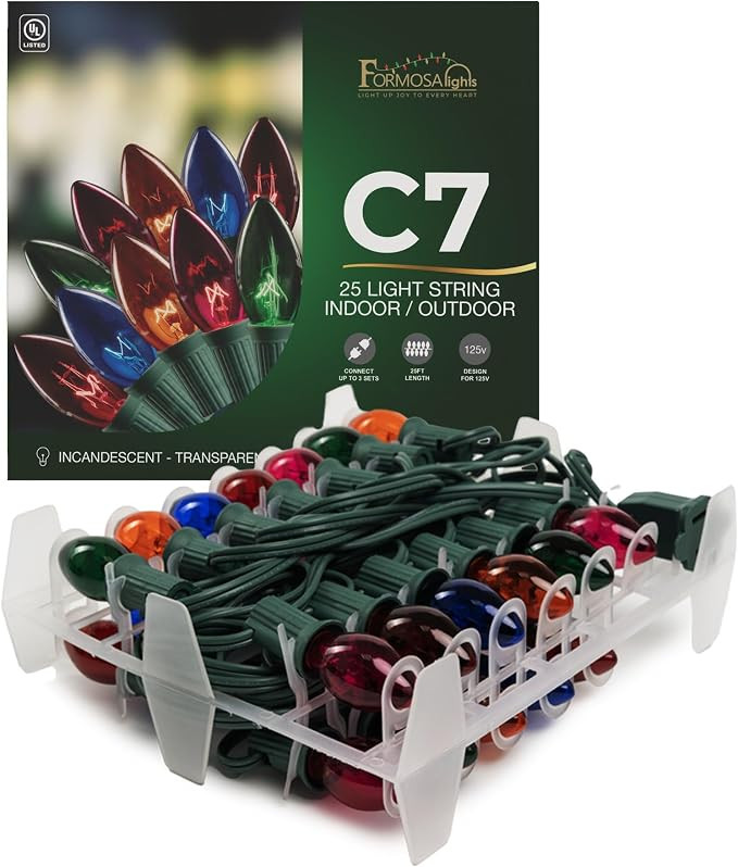 C7 26ft Indoor/Outdoor Transparent Multicolor Incandescent Christmas String Lights with 25 Bulbs ... | Amazon (US)