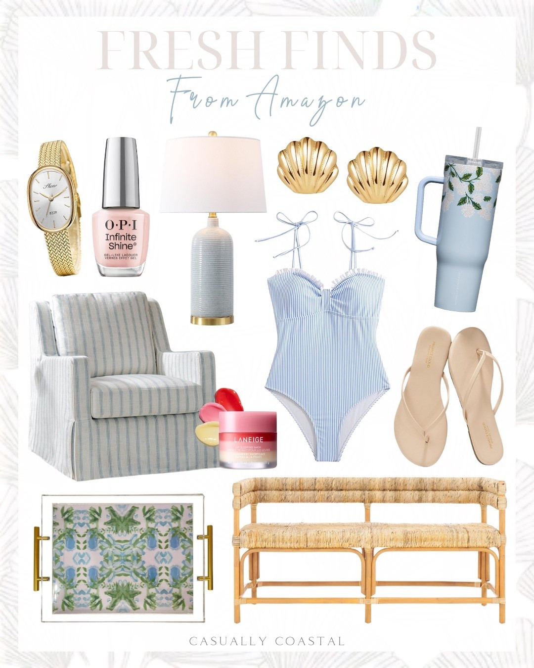 Fresh Finds From Amazon

Amazon watch, Amazon lamp, Amazon tray, Amazon swimsuit, Amazon bathing suit, Amazon flip flops, Amazon earrings, oval gold watch, OPI pink nail polish, coastal lamp, blue lamp, gold shell earrings, insulated tumbler, coastal tumbler, swivel rocker chair, swivel accent chair, striped rocker chair, Amazon swivel chair, laneige lip sleeping mask, stripped swimsuit, blue and white swimsuit, one piece swimsuit, neutral flip flops, acrylic serving tray, rattan woven bench, Amazon bench 

#LTKHome