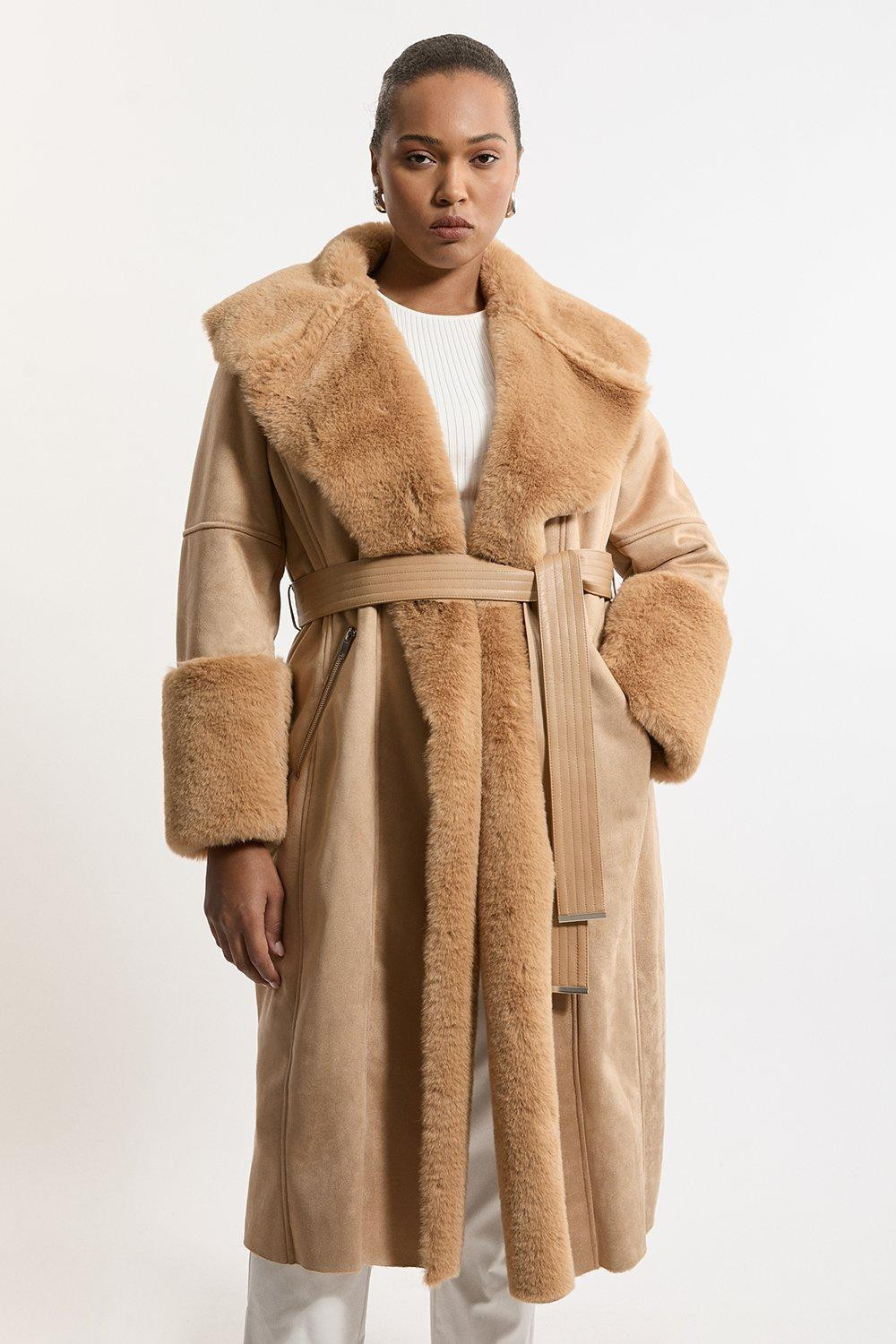 Plus Size Faux Shearling Collar & Cuff Belted Long Coat | Karen Millen UK + IE + DE + NL