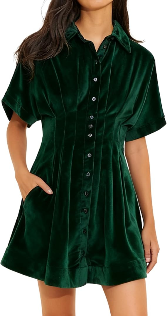 Athlisan Womens Velvet Mini Dress Short Sleeve Button Down Pleated Waist Shirt Dress with Pockets | Amazon (US)