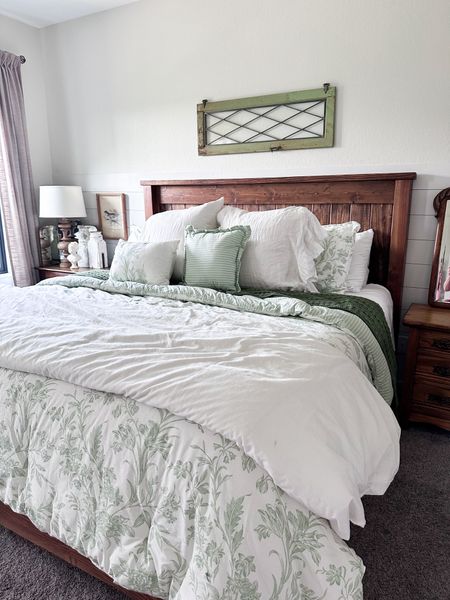 Spring bedding, green floral comforter set, green waffle knit blanket.

#LTKHome