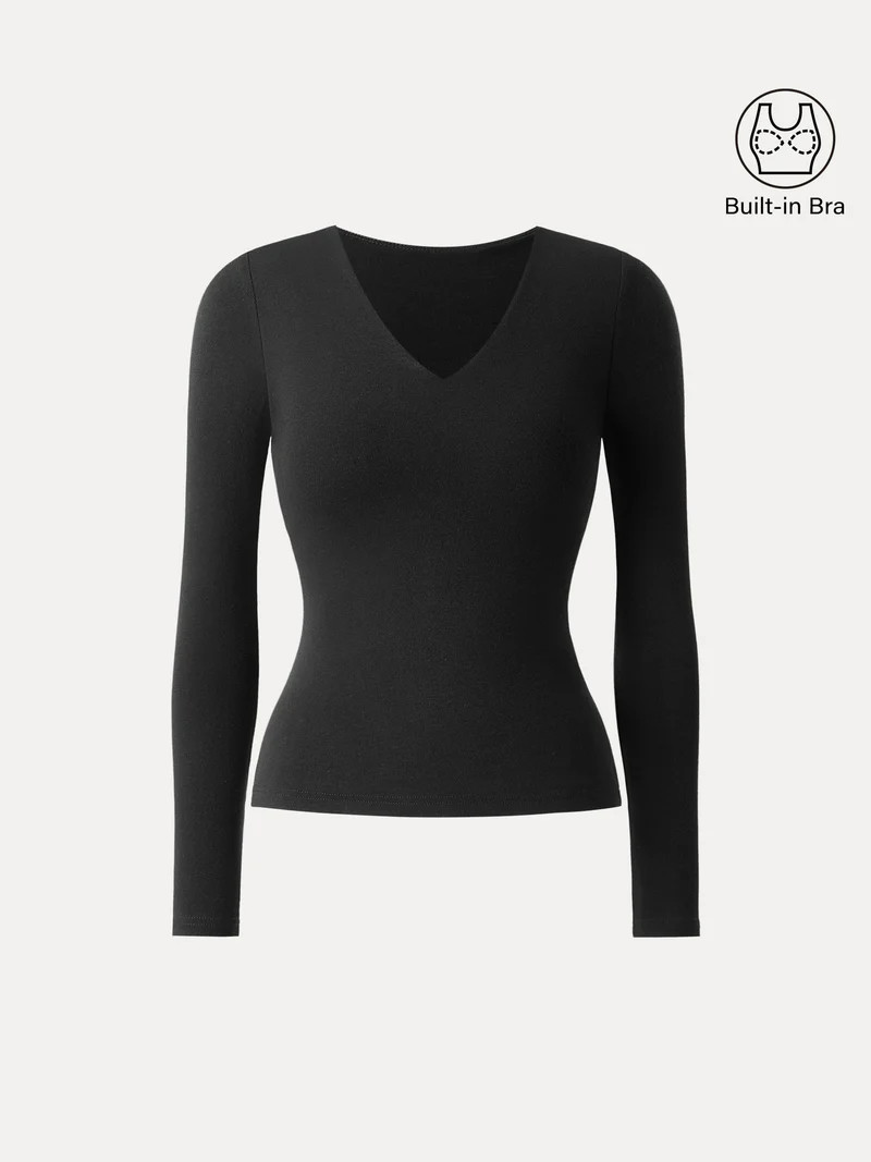 Stretch Cotton V-Neck Long Sleeve Brami Top | OGLmove
