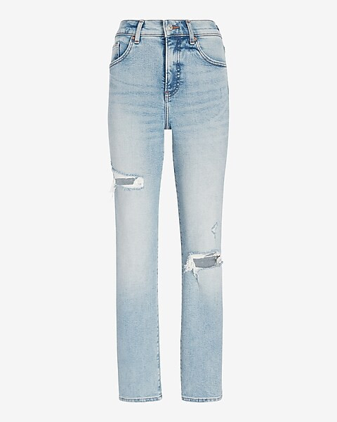 High Waisted Light Wash Ripped Straight Ankle Jeans | Express