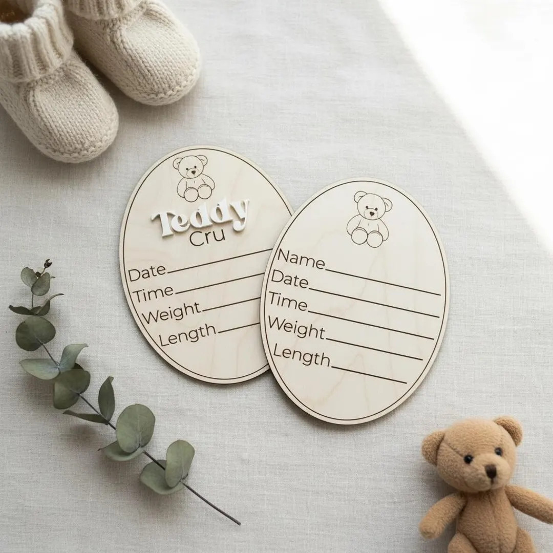 Wooden Baby Birth Announcement Sign | Teddy Bear Nursery Decor | Custom Newborn Stats Plaque | Ac... | Etsy (Global)