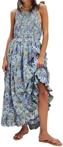 Women Floral Maxi Dress Tie Shoulder Cutout Backless Boho Smocked Flowy Dresses Summer Fall Sundr... | Amazon (US)