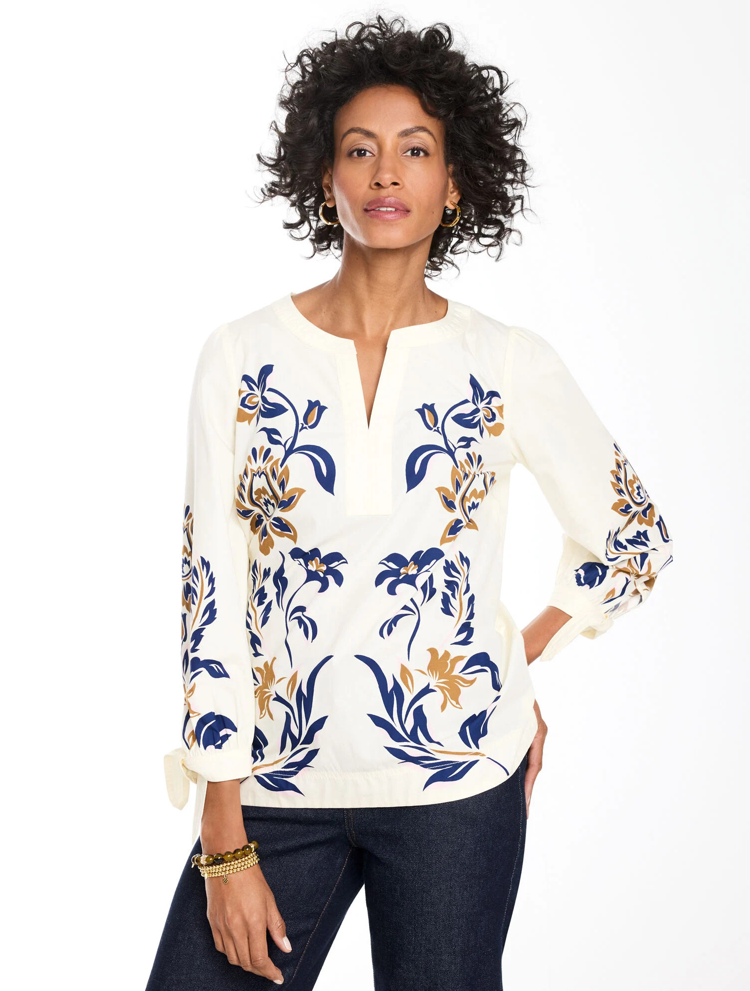 Poplin Tie Sleeve Top - Gilded Vines | Talbots