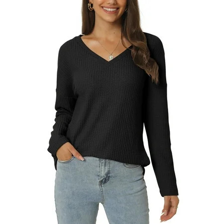 Women s Waffle Knit V Neck Long Sleeve Casual Blouse Lightweight Top M Black | Walmart (US)