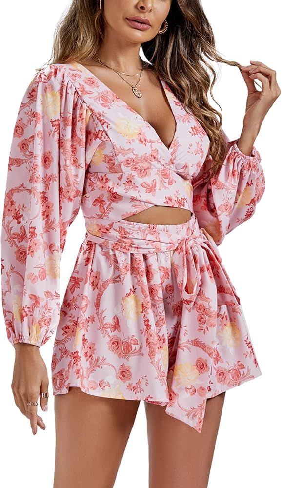 LYANER Women's Floral Puff Long Sleeve Jumpsuit Wrap V Neck Tie Front Short Romper | Amazon (US)